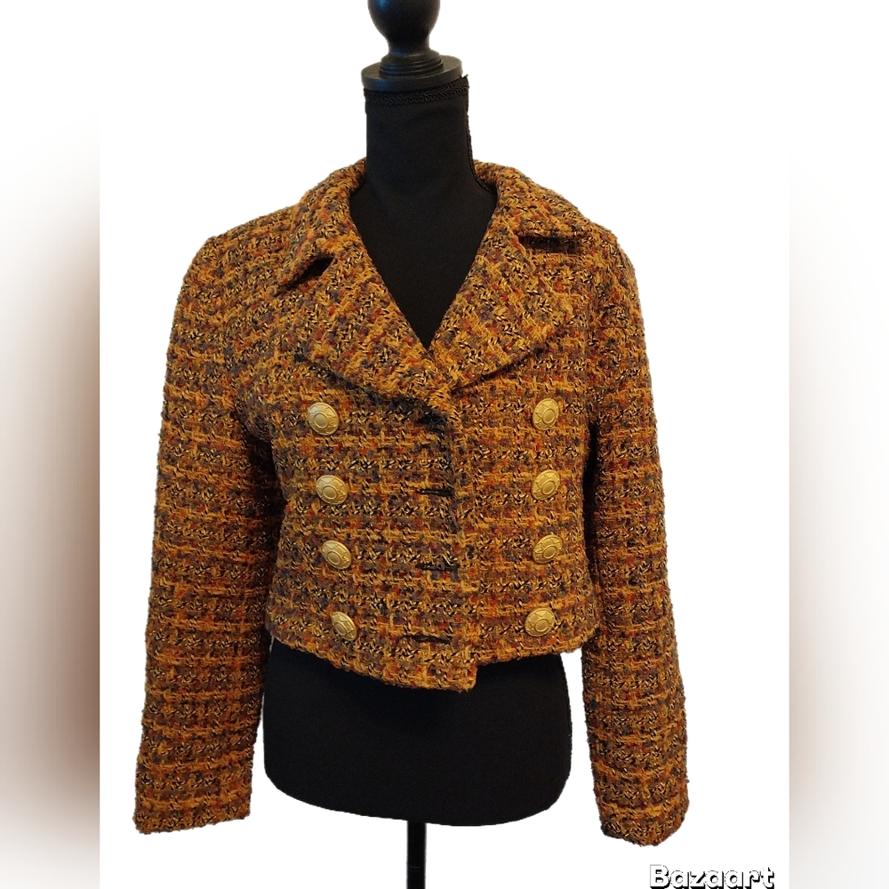 Cache Tweed Double-Breasted  Cropped Blazer in Brown and Gold